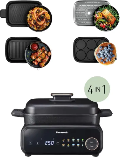 NF-GM400 6-in-1 Electric Multi Cooker, Steamer, BBQ, Table Grill, 1400W, 40-250°C, 9 Auto Modes, 6 Non Stick Plate Accessories, Smoke Extractor, Dishwasher Safe, 2.5m Cord, Black 4 trays