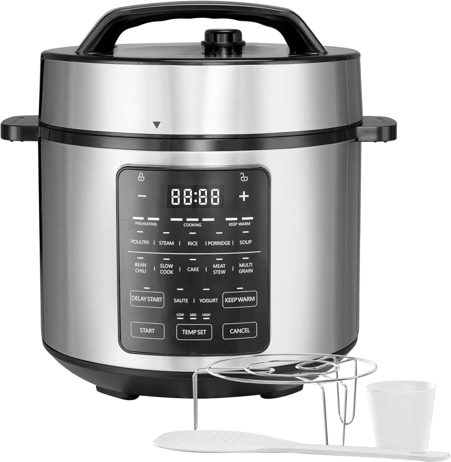 Electric Pressure Cooker, Non-Stick 12-in-1 & 6QT Stainless Steel Multi Cooker for Slow Cook, Meat Stew, Cake, Porridge, Multigrain, Dishwasher Safe, Silver Silver 6 Quarts