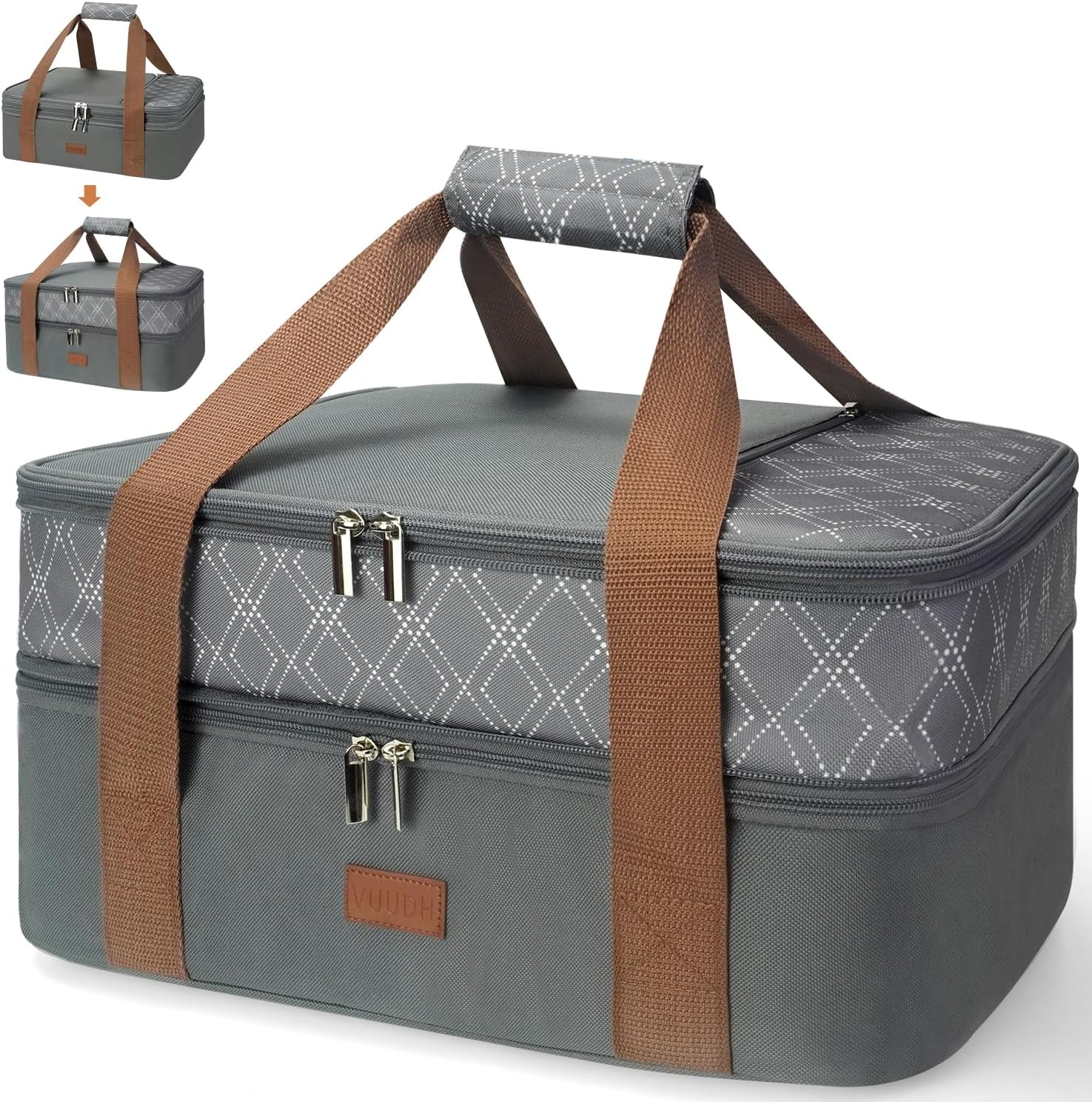 Expandable Casserole Carrier Bag - Double Decker Food Bag, Insulated Casserole Carrier for Hot or Cold Food, Lasagna Holder Tote for Picnics,Beaches,Traveling or Gifts Grey