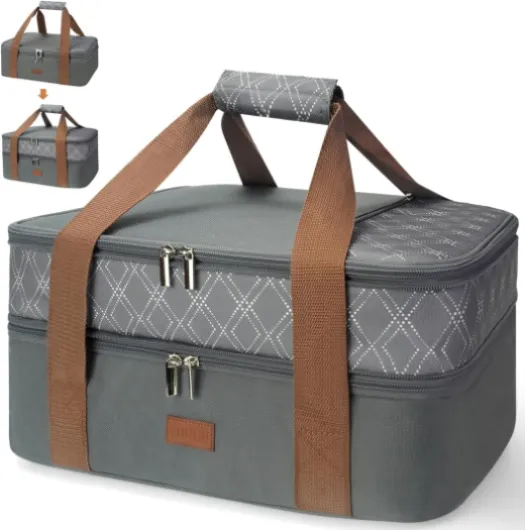 Expandable Casserole Carrier Bag - Double Decker Food Bag, Insulated Casserole Carrier for Hot or Cold Food, Lasagna Holder Tote for Picnics,Beaches,Traveling or Gifts Grey