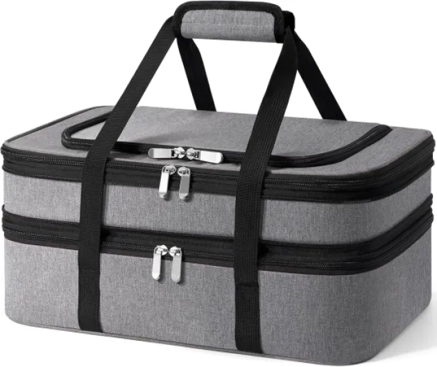 Double Insulated Casserole Carrier - Portable Casserole Carriers for Hot or Cold Food Lunch Tote Warmer or Cooler Bag for Potluck Parties Picnic Cookouts, Fits 9" x 13" Baking Dish - Grey Gray 16.9*10.2*6.89inch