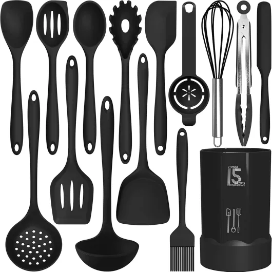 Silicone Cooking Utensils Set - 446°F Heat Resistant Kitchen Utensils,Turner Tongs,Spatula,Spoon,Brush,Whisk,Kitchen Utensil Gadgets Tools Set for Nonstick Cookware,Dishwasher Safe (BPA Free) Black