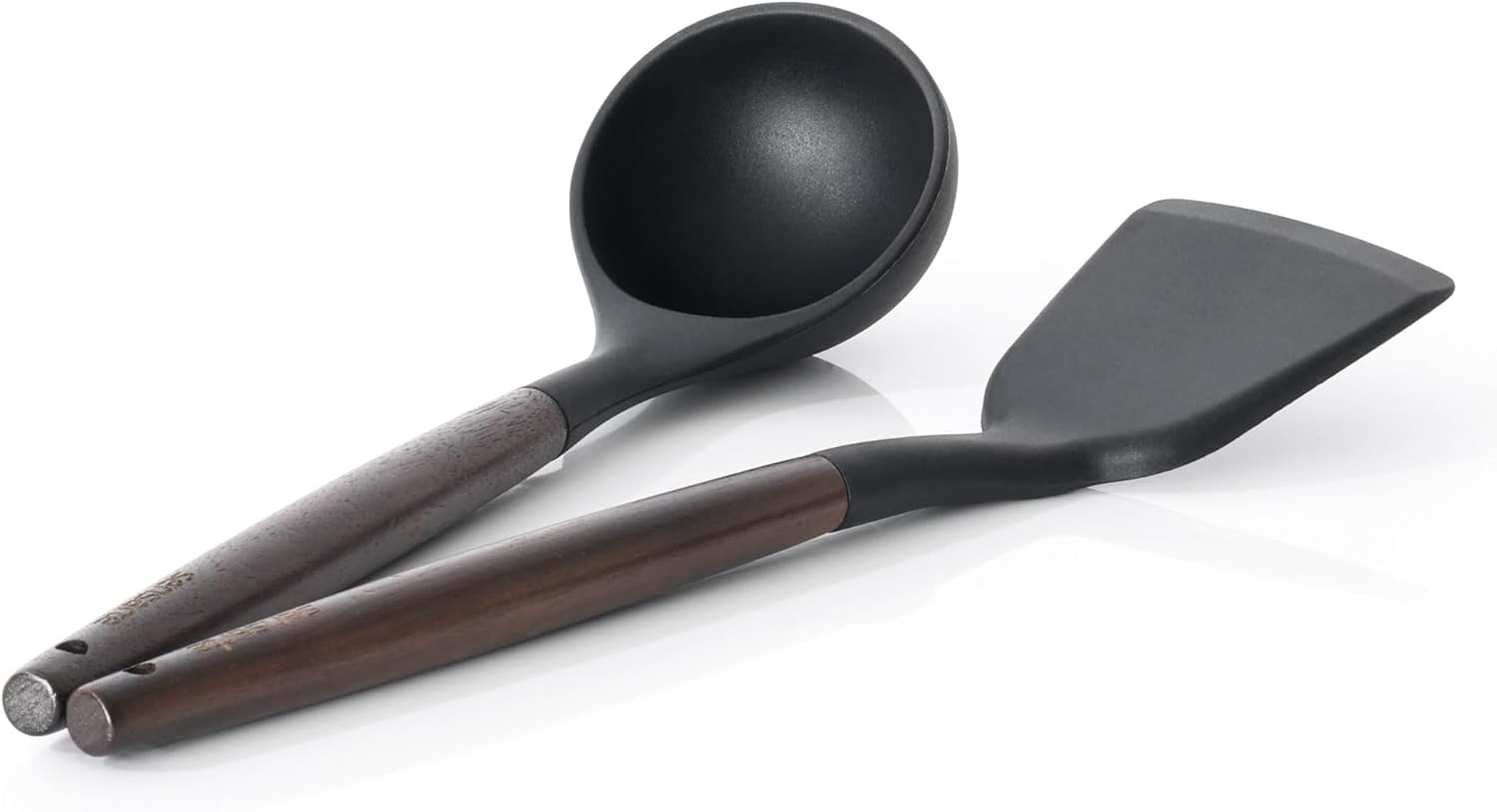 Kitchen Utensils 2-Piece, Silicone Cooking Utensils, Silicone Spatula and Ladle with Wooden Handle, Black