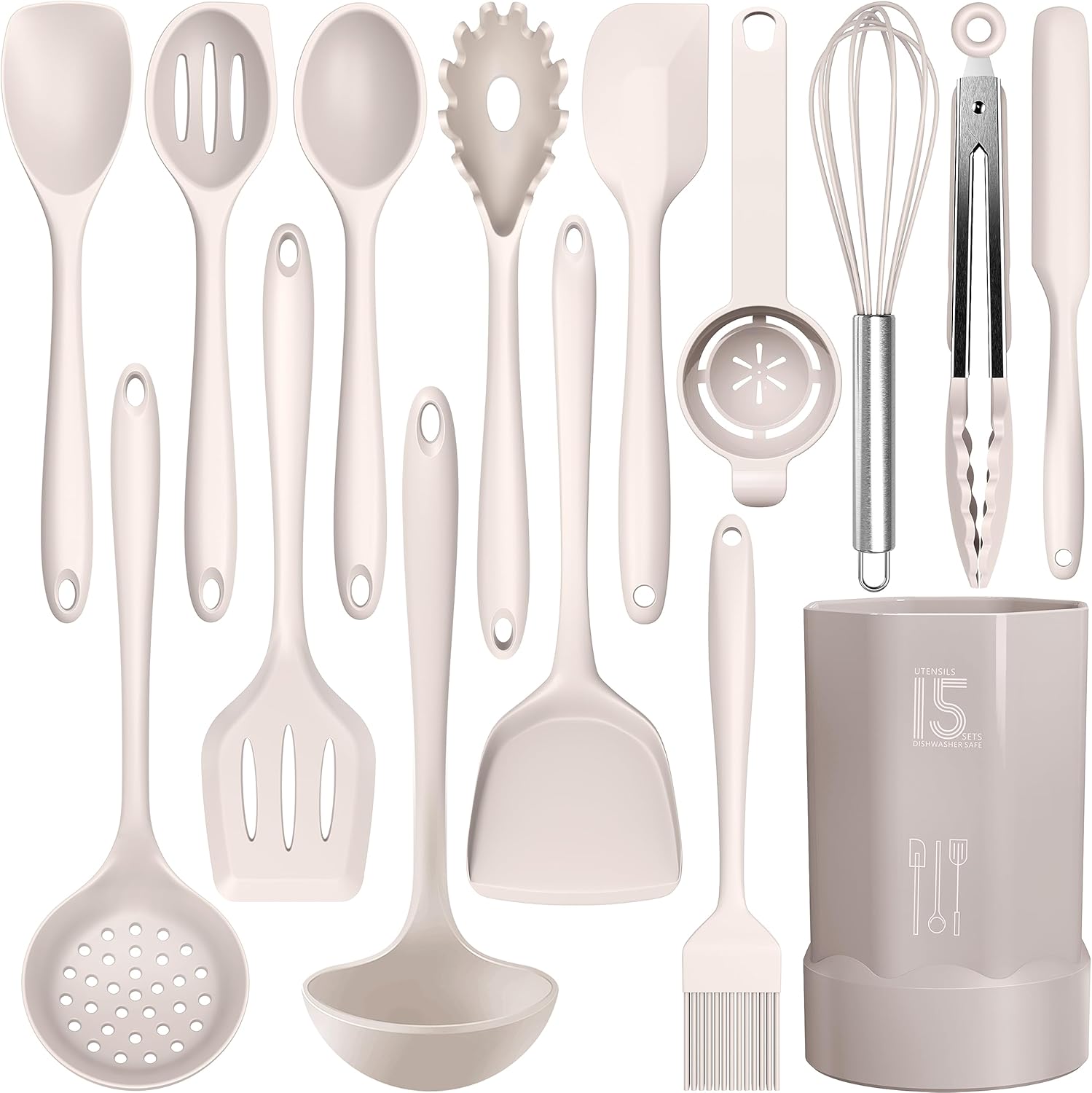 Silicone Cooking Utensils Set - 446°F Heat Resistant Kitchen Utensils,Turner Tongs,Spatula,Spoon,Brush,Whisk,Kitchen Utensil Gadgets Tools Set for Nonstick Cookware,Dishwasher Safe (BPA Free) Khaki