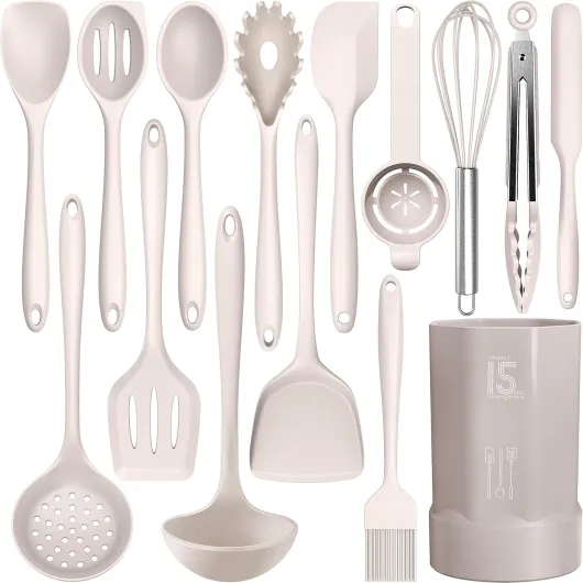 Silicone Cooking Utensils Set - 446°F Heat Resistant Kitchen Utensils,Turner Tongs,Spatula,Spoon,Brush,Whisk,Kitchen Utensil Gadgets Tools Set for Nonstick Cookware,Dishwasher Safe (BPA Free) Khaki