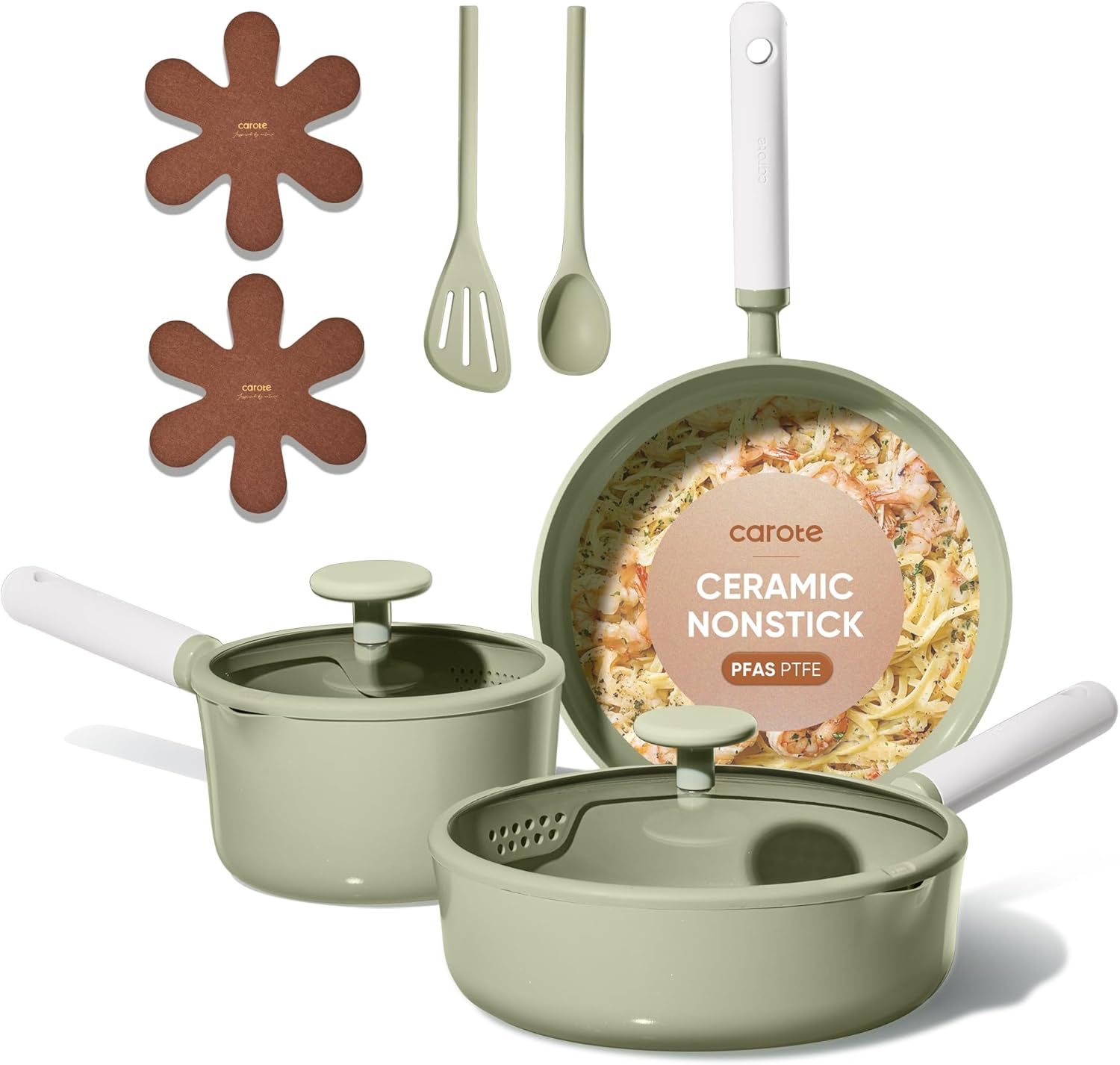 Ceramic Cookware Set Nonstick, 9pcs Pots and Pans Set Non stick, Non-Toxic & PFAS-Free,Dishwasher/Oven Safe, RV/Camping Cookware Set,Sauce Pan with Lid, Green Green 9 Piece