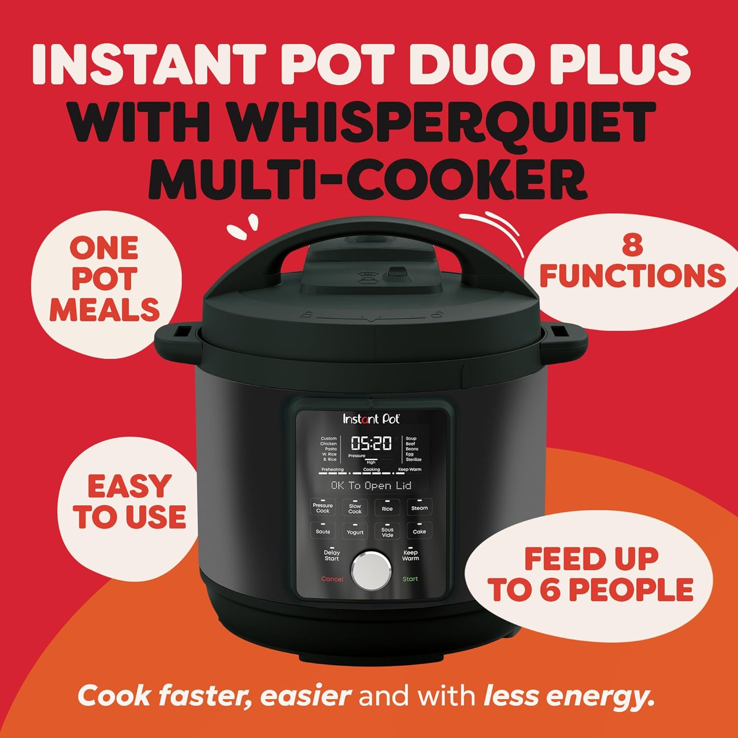 Pot Duo Plus with WhisperQuiet Multi-Cooker 5.7L - Black, Electric Pressure Cooker, Slow Cooker, Rice Cooker, Sauté Pan, Yoghurt Maker, Food Warmer, Steamer Pot, Sous Vide, Easy Clean Black 5.7 Litres Whisper Quiet
