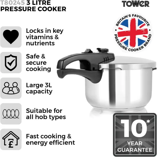 T80245 Stainless Steel Pressure Cooker with Steamer Basket, 3 Litre, Stainless Steel, Silver 3 Litres