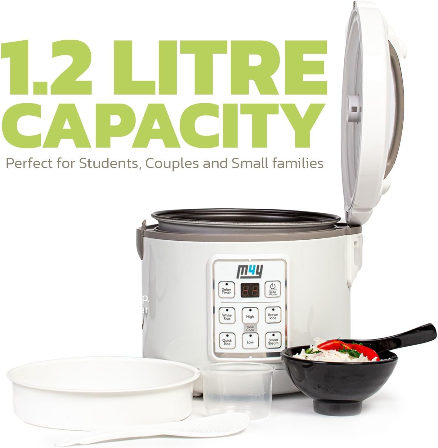 Rice Cooker, Slow Cooker and Food Steamer For 1-6 People – 1.2 Litre - Keep Warm Function, Delay Timer, Premium Inner Pot, Spatula & Measuring Cup, Perfect Rice Every time– Quick & Easy