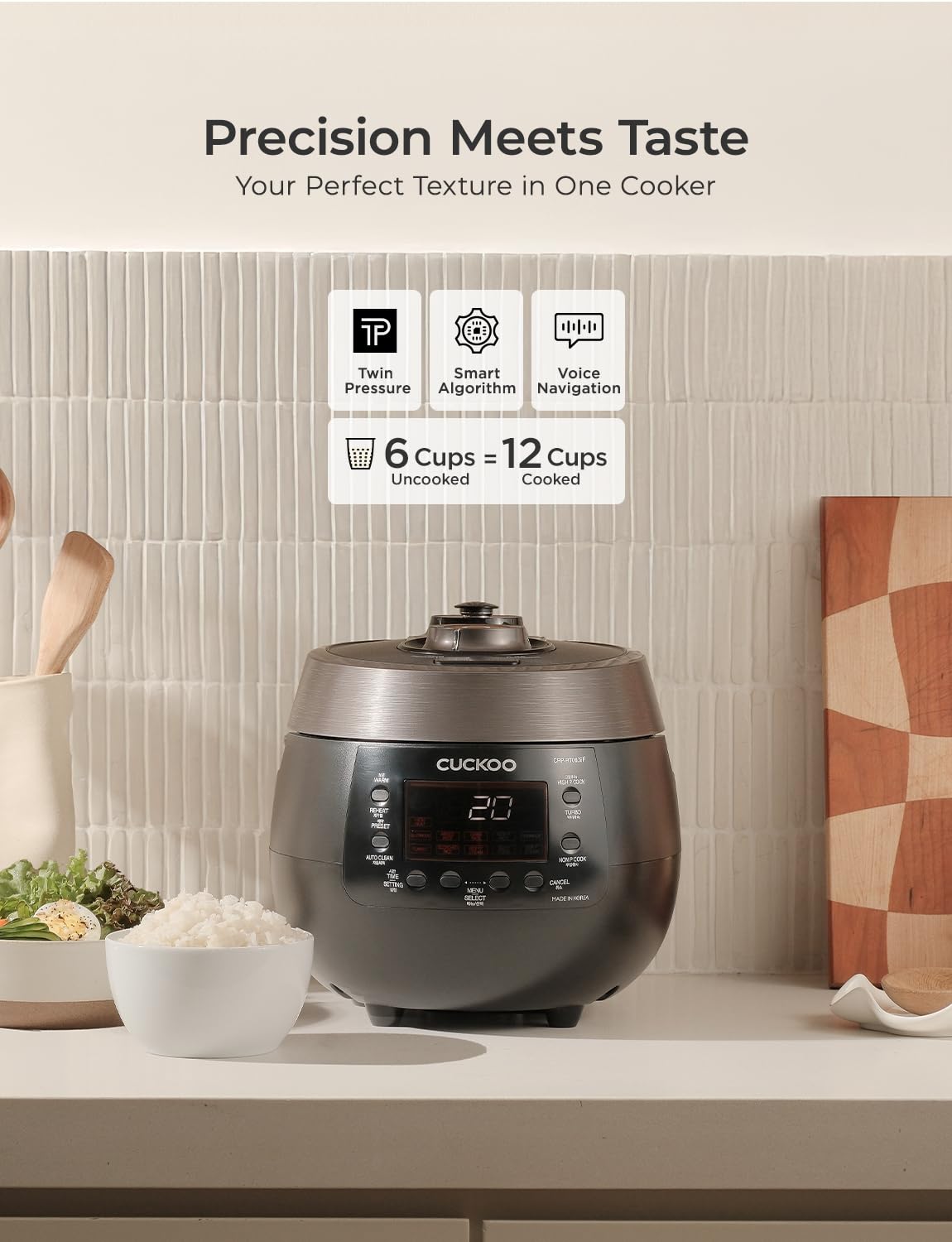 Twin Pressure Rice Cooker 6-Cup Uncooked / 12-Cup Cooked with Nonstick Inner Pot, Versatile Rice Maker & Warmer with 14 Menu Options, Voice Guide, Auto Clean, Black (CRP-RT0609FB)