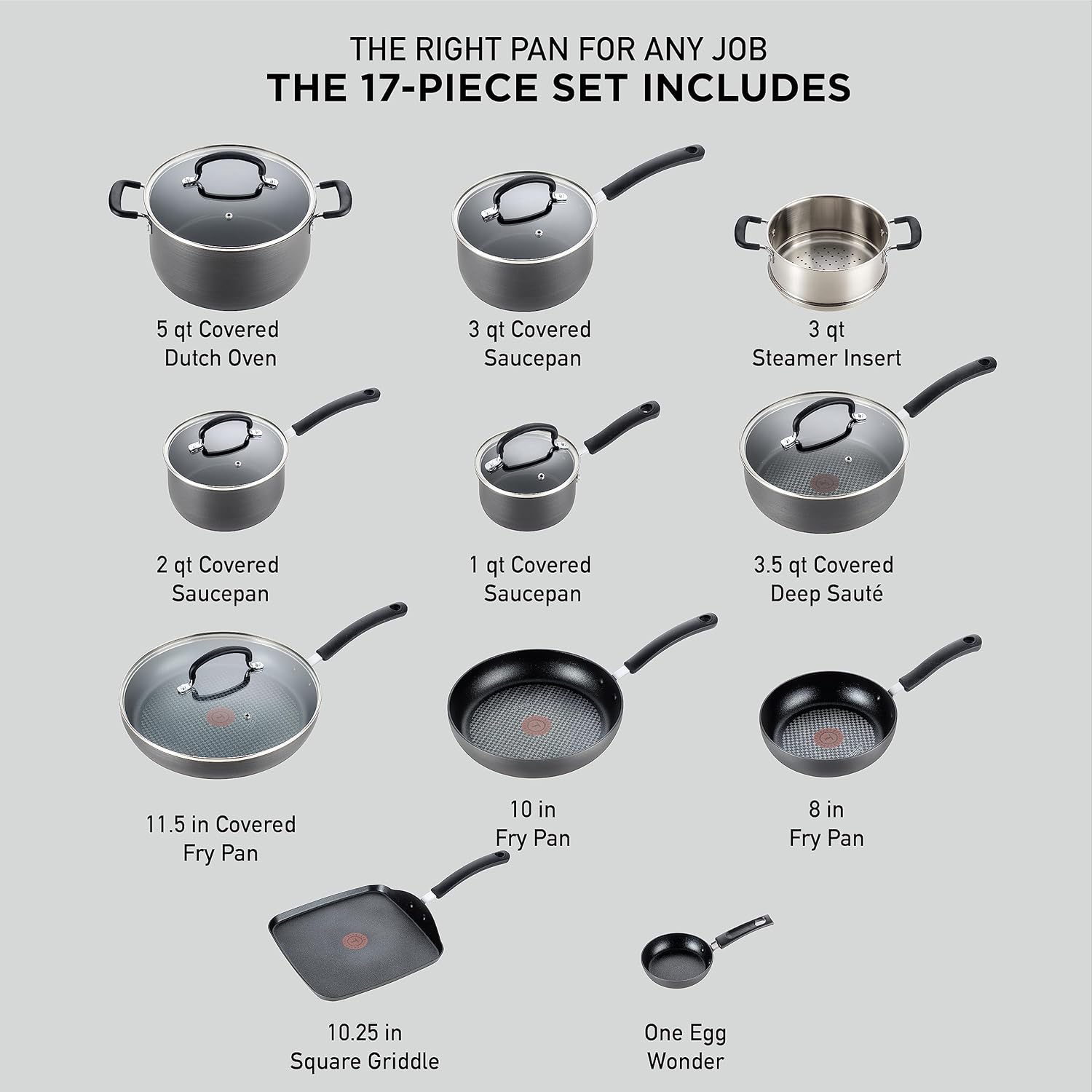 T-Fal Ultimate Hard Anodized Nonstick Cookware Set 17 Piece, Nonstick Pots and Pans Set with Fry Pan, Saucepans, Saute-Pan, Griddle, Dishwasher Safe, Black Hard Anodized Nonstick 17-Piece