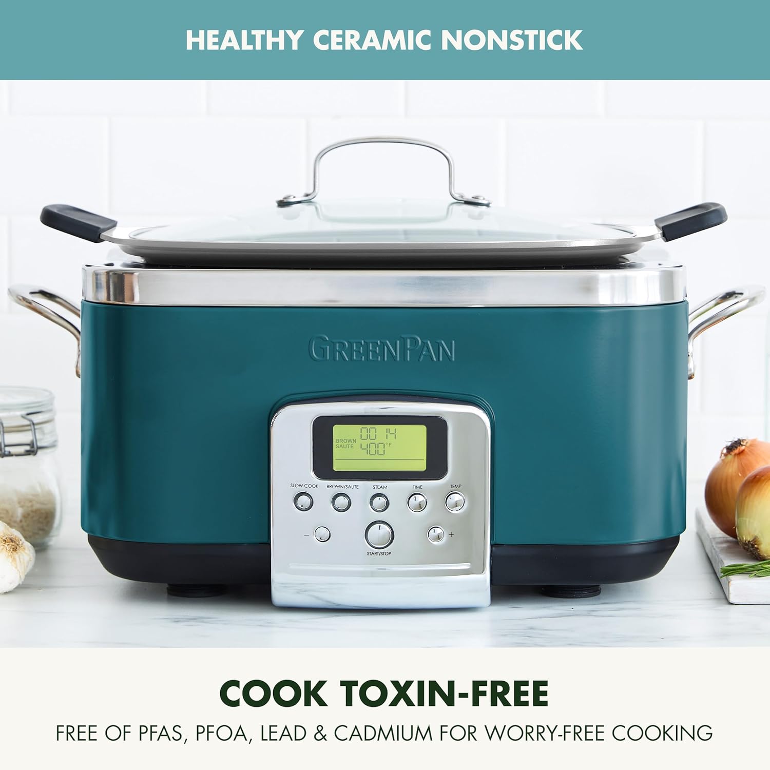 GreenPan Elite 8-in-1 Programmable 6QT Electric Slow Cooker, Dishwasher Safe Lid & Removable Crock, PFAS-Free Healthy Ceramic Nonstick Multi-Cooker, Sear, Sauté,Brown, Steam Basket, Roast, Deep Teal Slow Cooker Deep Teal
