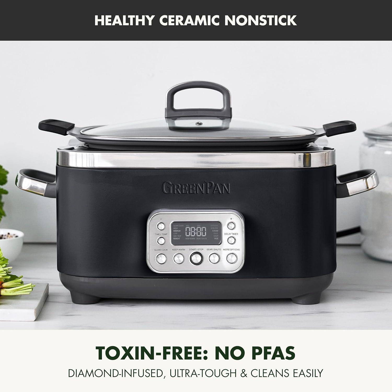 GreenPan Elite 8 - in -1 Programmable 6QT Electric Slow Cooker, Dishwasher Safe Lid & Removable Crock, PFAS-Free Healthy Ceramic Nonstick Multi-Cooker, Sear, Sauté/Brown, Steam Basket, Roast, Black 5.7 Litres Black