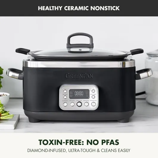 GreenPan Elite 8 - in -1 Programmable 6QT Electric Slow Cooker, Dishwasher Safe Lid & Removable Crock, PFAS-Free Healthy Ceramic Nonstick Multi-Cooker, Sear, Sauté/Brown, Steam Basket, Roast, Black 5.7 Litres Black