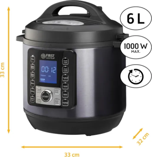Electric Pressure Cooker 6L - 12 auto programmes - Multipurpose Multicooker 1000W as pressurised Ricecooker, Steamer, Crock Pot etc - - Electric Multivarka incl - Recipe Booklet Grey/Black
