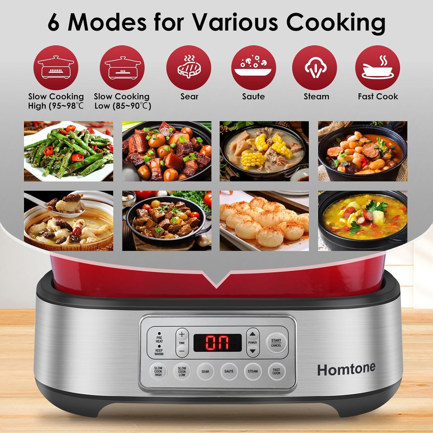 Slow Cooker Electric 6-in-1, 5.5L/4.8 qt Multicooker with Dutch Oven Cast Iron Removable Enamel Pot, Non-Stick Casserole Dish Slow Cooking, Sear, Sauté, Steam, with Steaming Rack, Red