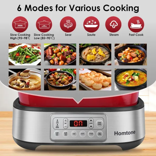 Slow Cooker Electric 6-in-1, 5.5L/4.8 qt Multicooker with Dutch Oven Cast Iron Removable Enamel Pot, Non-Stick Casserole Dish Slow Cooking, Sear, Sauté, Steam, with Steaming Rack, Red