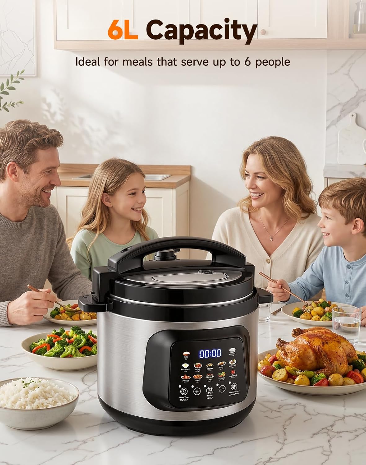 6L Multi-Function Rice Cooker, 12 Preset Functions for Slow Cook, Rice Cook, Steam, Sauté, Yogurt Maker, Keep Warm & More, Digital Display, Stainless Steel & Gray