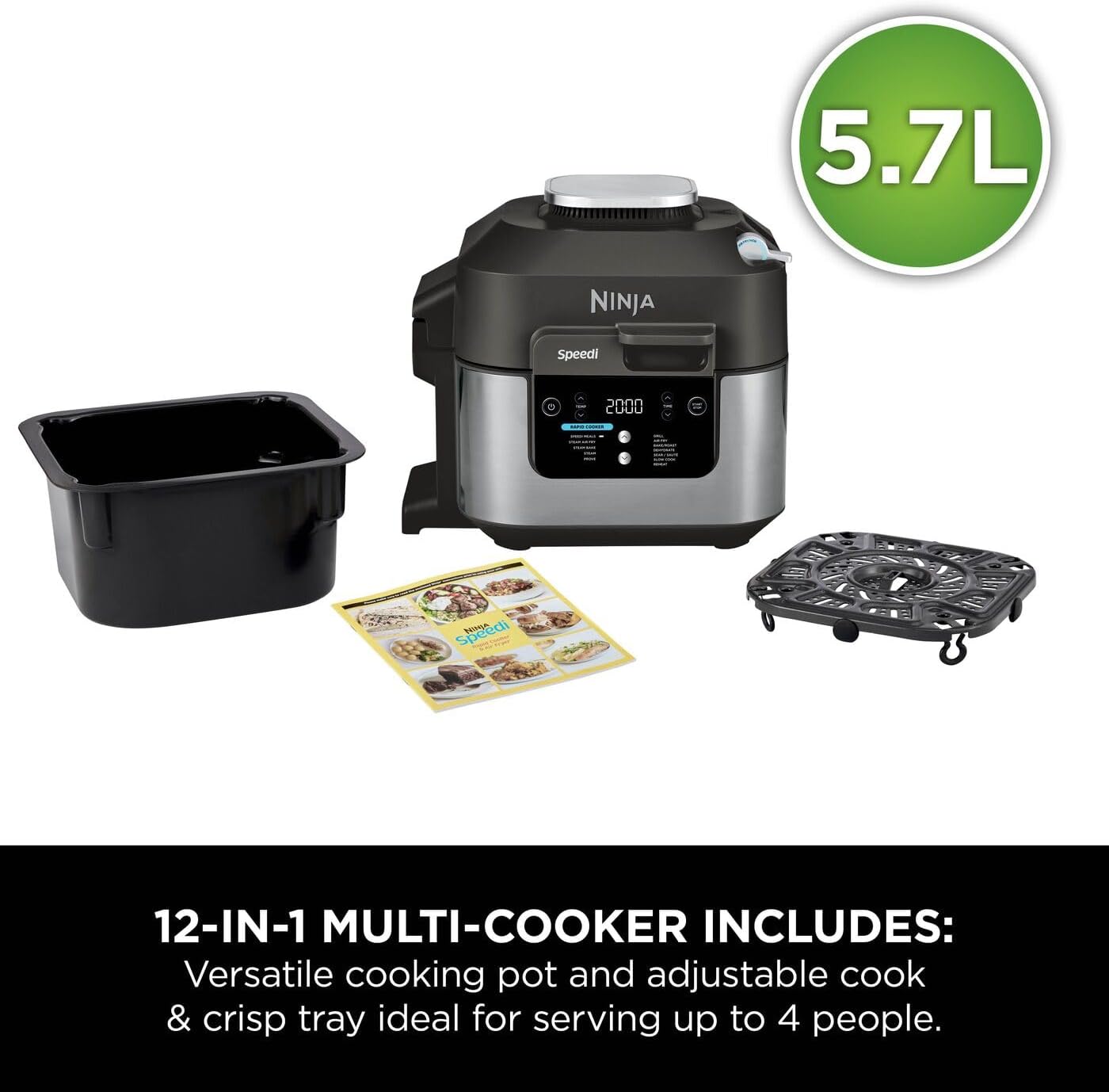 Speedi 12-in-1 Multi-Cooker, Air Fryer and Slow Cooker, 5.7L Cooking Pot, Meals for 4 in Minutes, Air Fry, Steam, Grill, Bake, Roast, Sear, Slow Cook and More, Grey ON500UK 5.7 Litres Grey