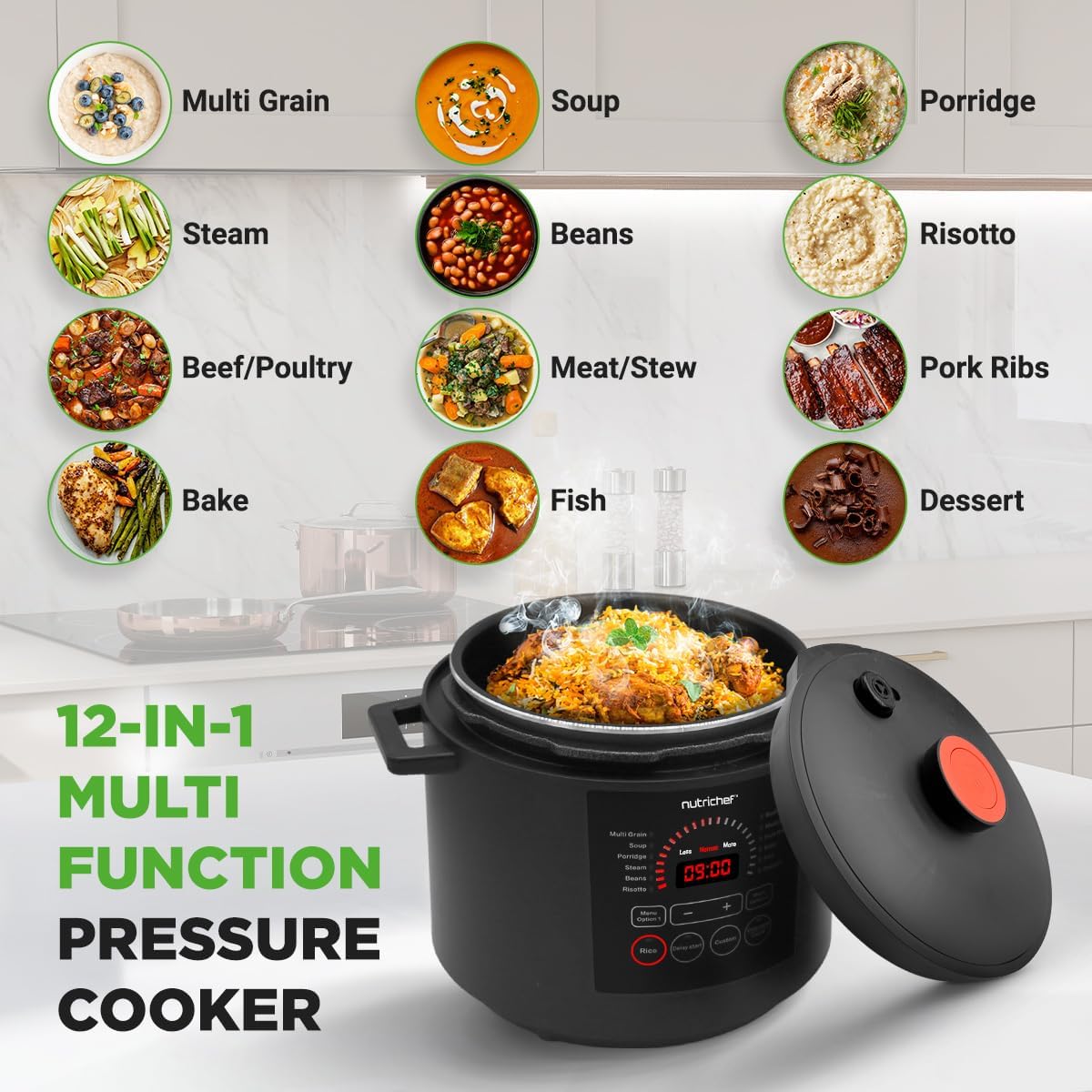 Pressure Cooker Electric Multi Cooker 6L – 12 in 1 Multicooker Digital One Pot Cooker with Presets, Non Stick Inner Pot, Adjustable Time & Temperature