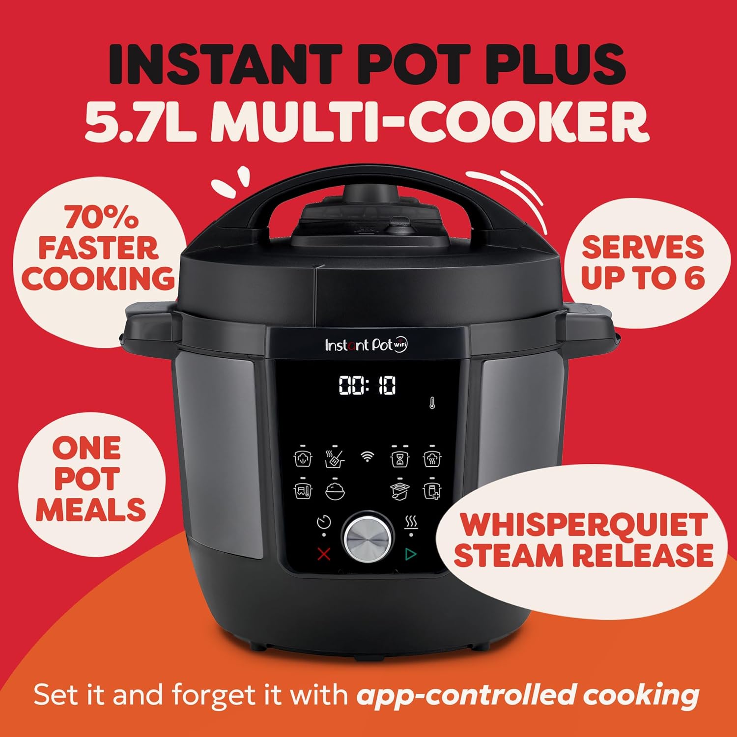 Plus 9-in-1 Electric Multi-Cooker 5.7L - Brushed Stainless Steel, Pressure Cooker, Slow Cooker, Rice Cooker, Sauté Pan, Yoghurt Maker, Food Warmer, Steamer Pot, Sous Vide, Steriliser Black 5.7 Litres Plus WiFi