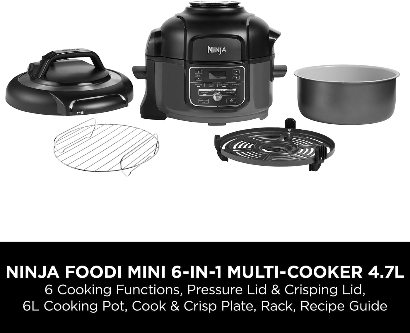 Foodi Multi-Cooker 4.7L, with 6 Cooking Functions in 1, Pressure Cooker, Air Fryer, Slow Cook and Steam, 1460W, Grey/Black OP100UK MINI 6-in-1 Multi Cooker