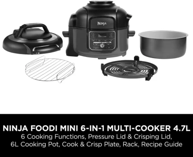 Foodi Multi-Cooker 4.7L, with 6 Cooking Functions in 1, Pressure Cooker, Air Fryer, Slow Cook and Steam, 1460W, Grey/Black OP100UK MINI 6-in-1 Multi Cooker