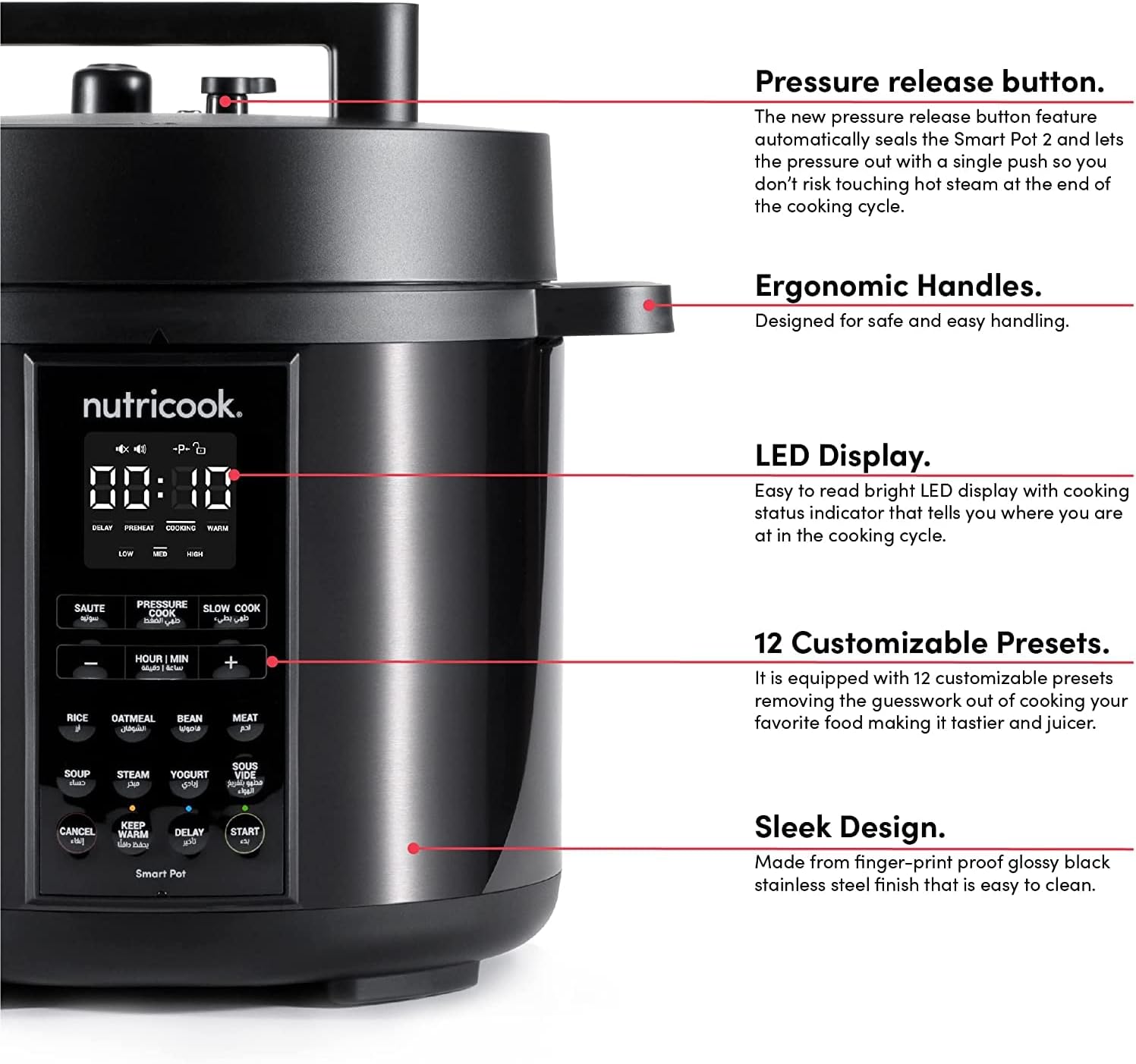 Nutricook Smart Pot 2, 6 Liters, 9 In 1 Electric Pressure Cooker, Slow Cooker, Rice Cooker, Steamer, Sauté Pot, Yogurt Maker & More, 12 Smart Programs With New Smart Lid, 2 Years Warranty