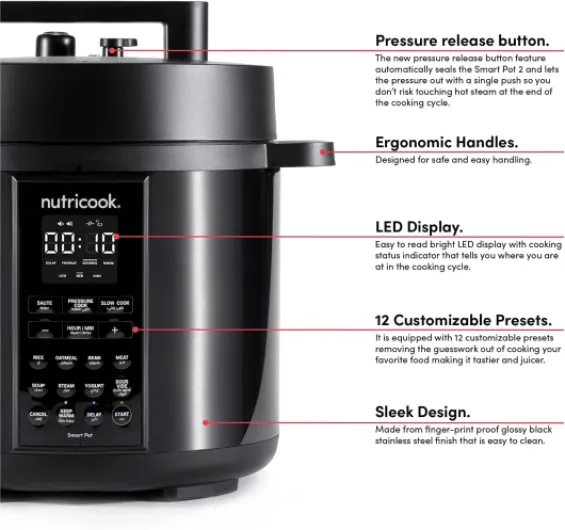 Nutricook Smart Pot 2, 6 Liters, 9 In 1 Electric Pressure Cooker, Slow Cooker, Rice Cooker, Steamer, Sauté Pot, Yogurt Maker & More, 12 Smart Programs With New Smart Lid, 2 Years Warranty