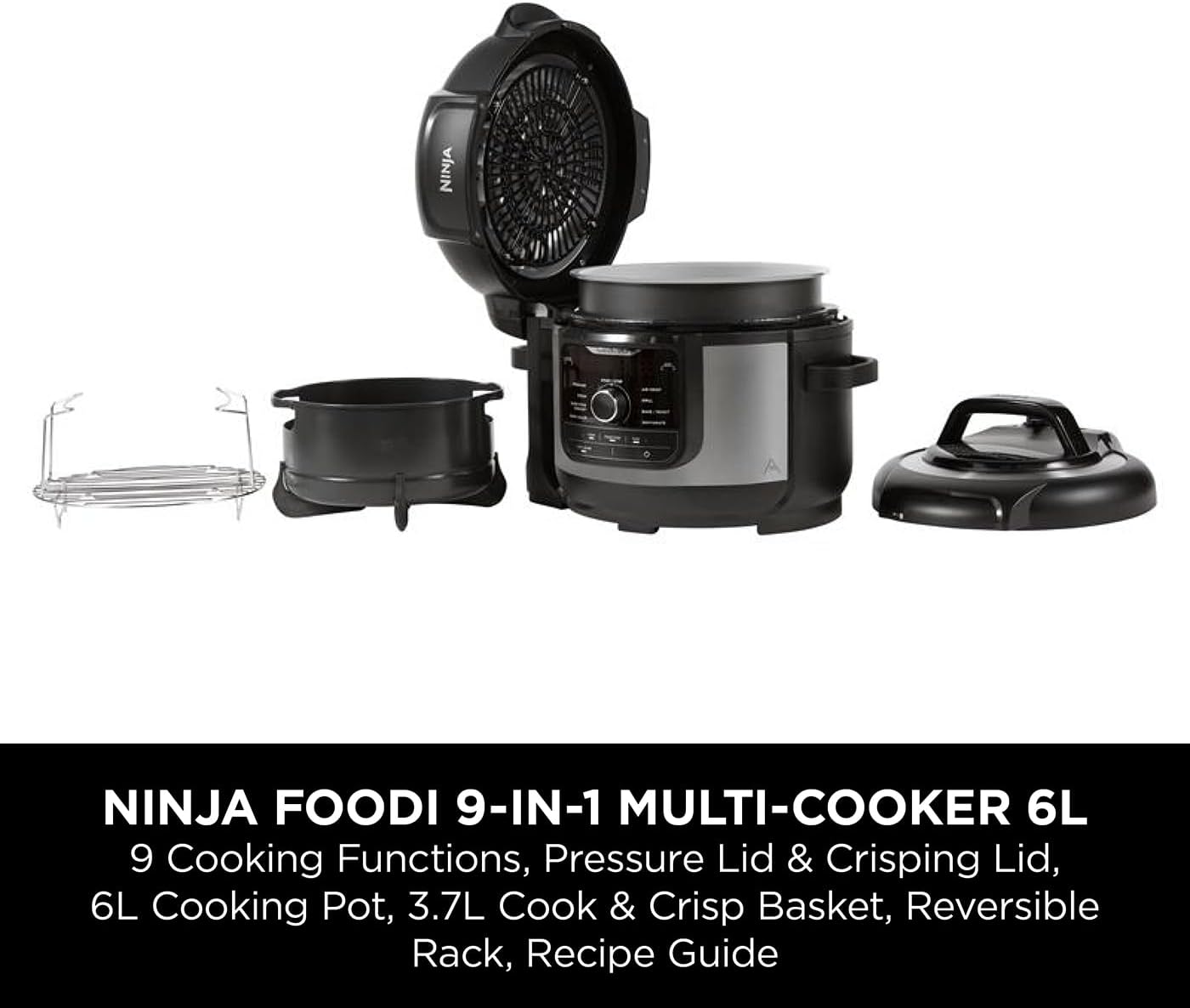 Foodi 9-in-1 Multi Cooker, 6L with 9 Cooking Functions, Pressure Cook, Air Fry, Slow Cook, Grill and more, Brushed Steel & Black, OP350UK