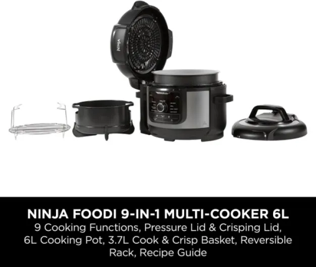 Foodi 9-in-1 Multi Cooker, 6L with 9 Cooking Functions, Pressure Cook, Air Fry, Slow Cook, Grill and more, Brushed Steel & Black, OP350UK