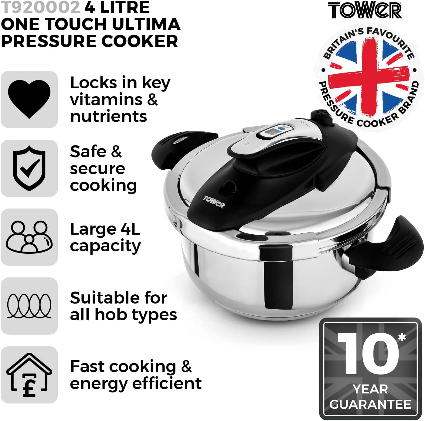 T920003 One-Touch Ultima Pressure Cooker with Detachable 60-Minute Timer, 6L, Stainless Steel 6 Litre