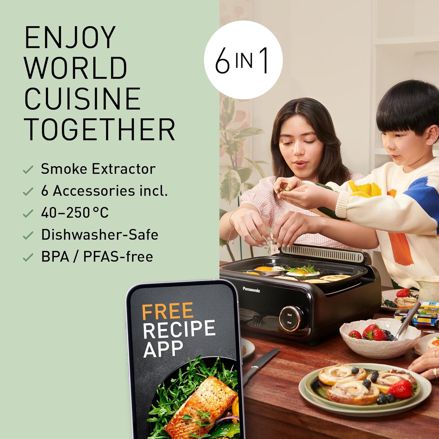 NF-GM600 6-in-1 Space saving Electric Multi Cooker, Electric Grill, BBQ, Grill, Steam cooker, 1400W, 9 Auto Modes, 6 Non Stick Cooker Plates, Smoke Extractor, Dishwasher Safe trays, Black