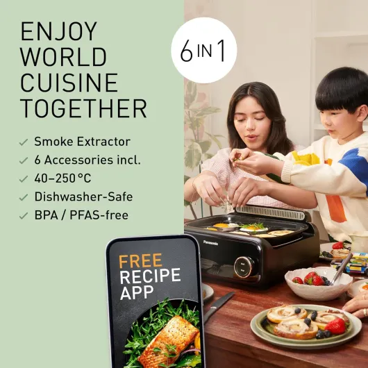 NF-GM600 6-in-1 Space saving Electric Multi Cooker, Electric Grill, BBQ, Grill, Steam cooker, 1400W, 9 Auto Modes, 6 Non Stick Cooker Plates, Smoke Extractor, Dishwasher Safe trays, Black