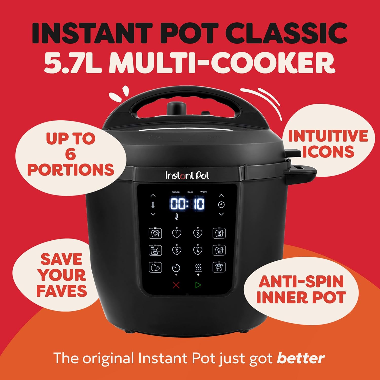 5.7L Classic Electric Multicooker - 7-in-1 Smart Cooker - Pressure, Slow, Steamer, Sauté, Yogurt Maker, Egg Cooker, Food Warmer - Stainless Steel, Black Black 5.7 Litres Classic Multicooker