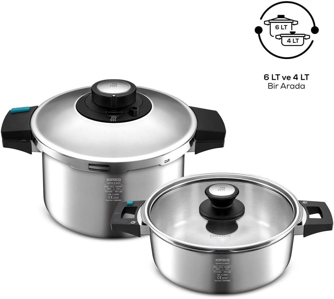 Quick & Safe 2-Piece Stainless Steel Pressure Cooker Set, 4L+6L, Induction Multi Cooker Pot, 2 Cooking Programs, Dishwasher Safe, All Hob Types, Silver (Small & Large) 10 Litres Silver