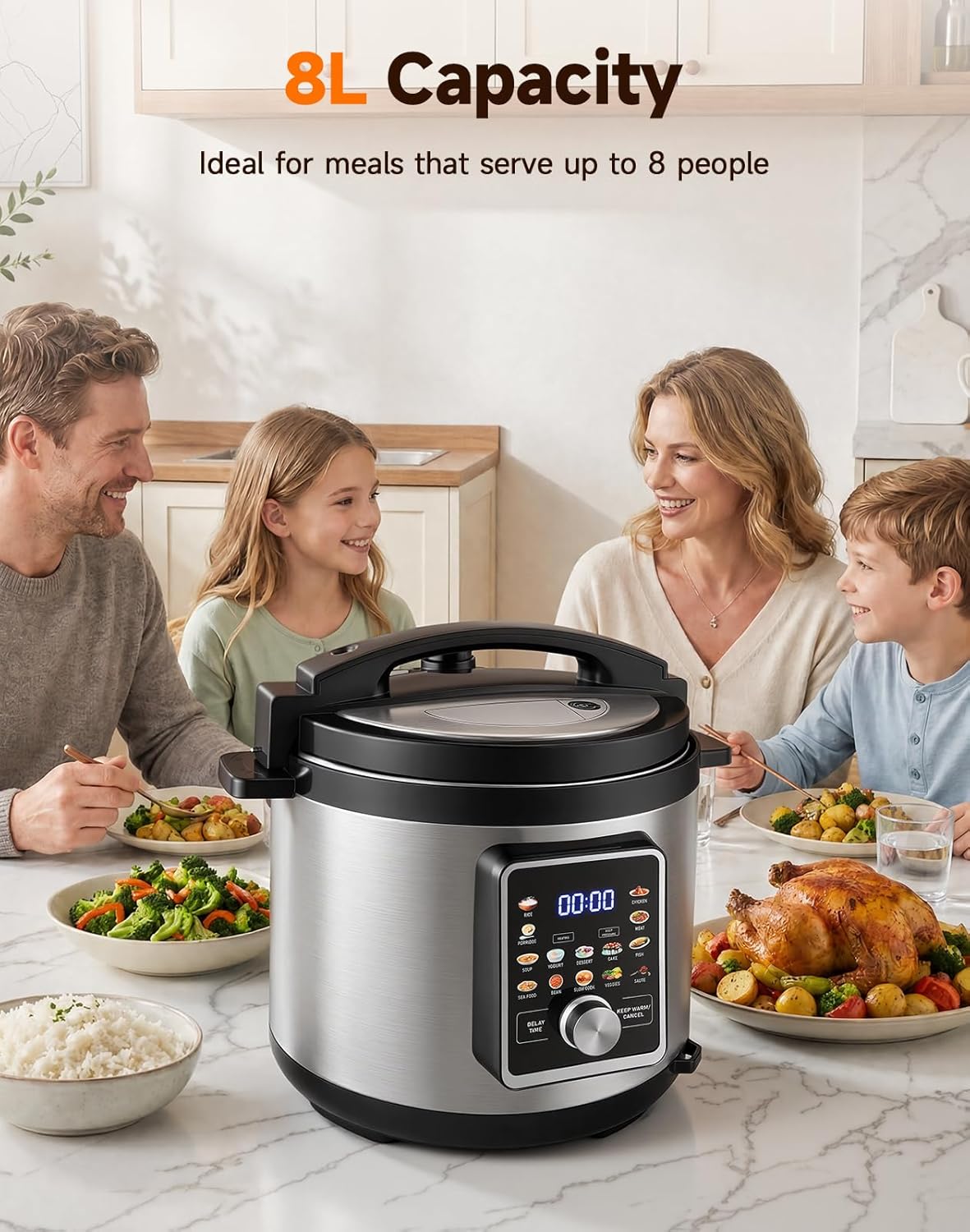 8L Multi Cooker, 14-in-1 Electric Multi-Functional Cooker, Slow Cooker, Rice Cooker, Sauté Pan, Yogurt Maker & Steamer, Warmer, Timer, Double-layer Paint Inner Pot, Dishwasher-Safe 8 L