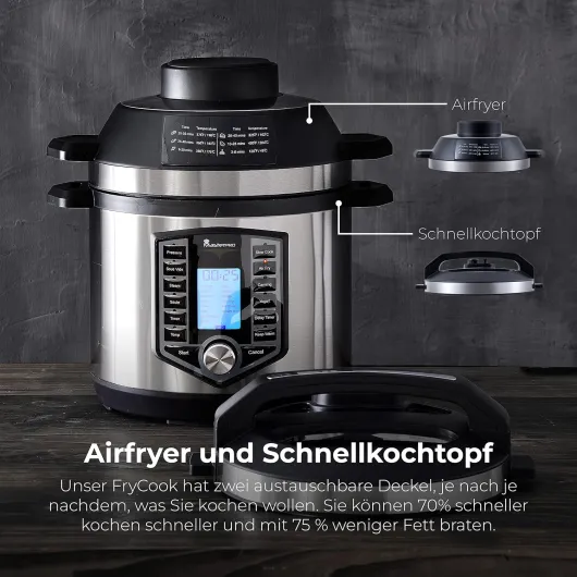 MasterPro FryCook Hot Air Fryer, Fryer and Pressure Cooker, 1500 W, Programmable Pressure Cooker, with 44 Automatic Functions, 12 Programmes, Made of Stainless Steel, Non-Stick Coating, 6 L
