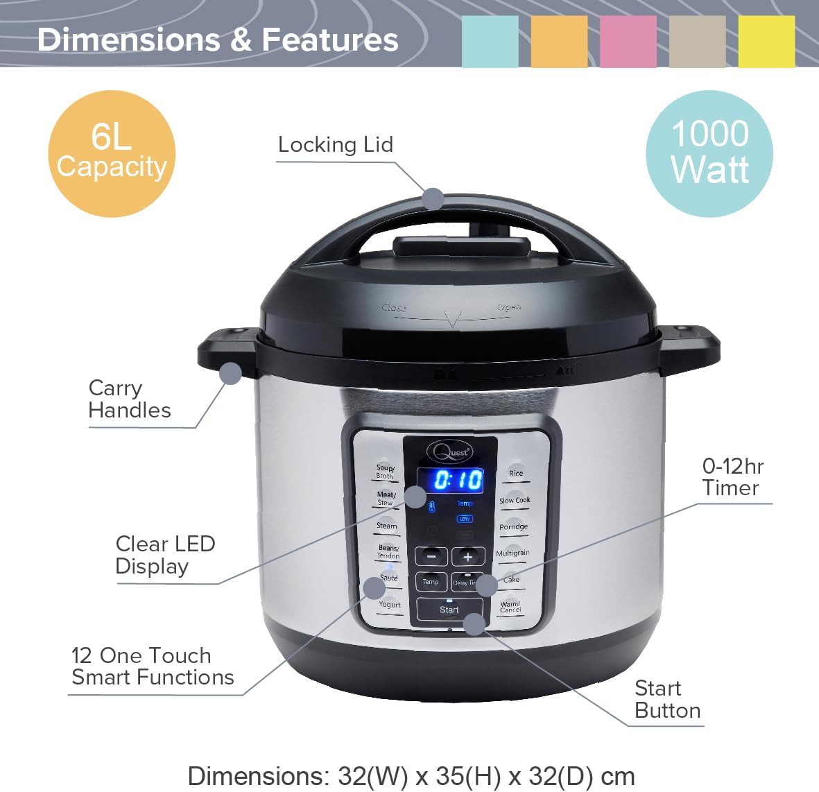 63009 Pressure Cooker Electric 6L / 12-in-1 Multi-Function Cooker/Stainless Steel Housing / 1000W / Slow Cook, Steam, Roast, Keep Warm & More/Recipe Book Included