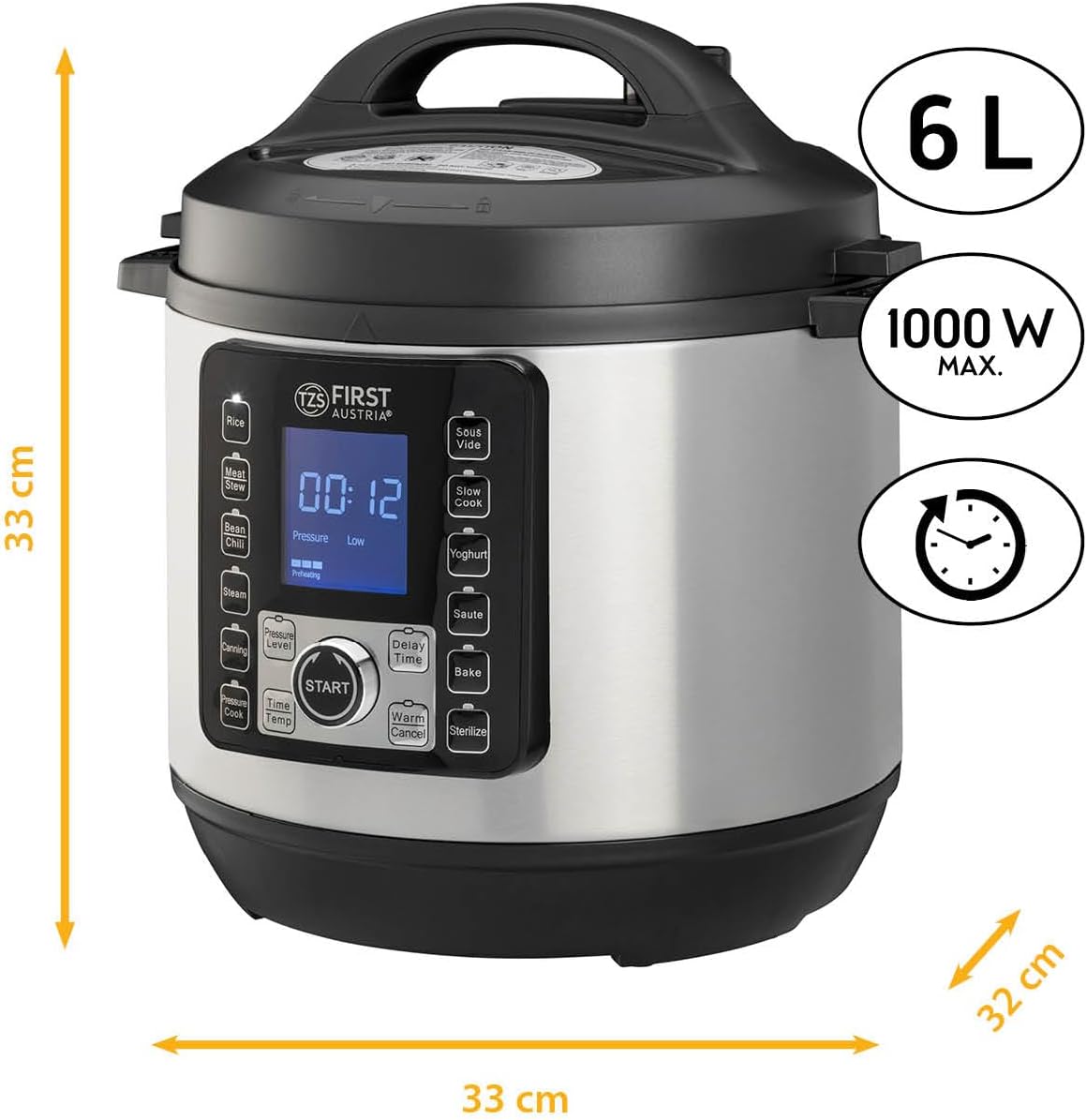 Electric Pressure Cooker 6L - 12 auto programmes - Multipurpose Multicooker 1000W as pressurised Ricecooker, Steamer, Crock Pot etc - - Electric Multivarka incl - Recipe Booklet Silver/Black